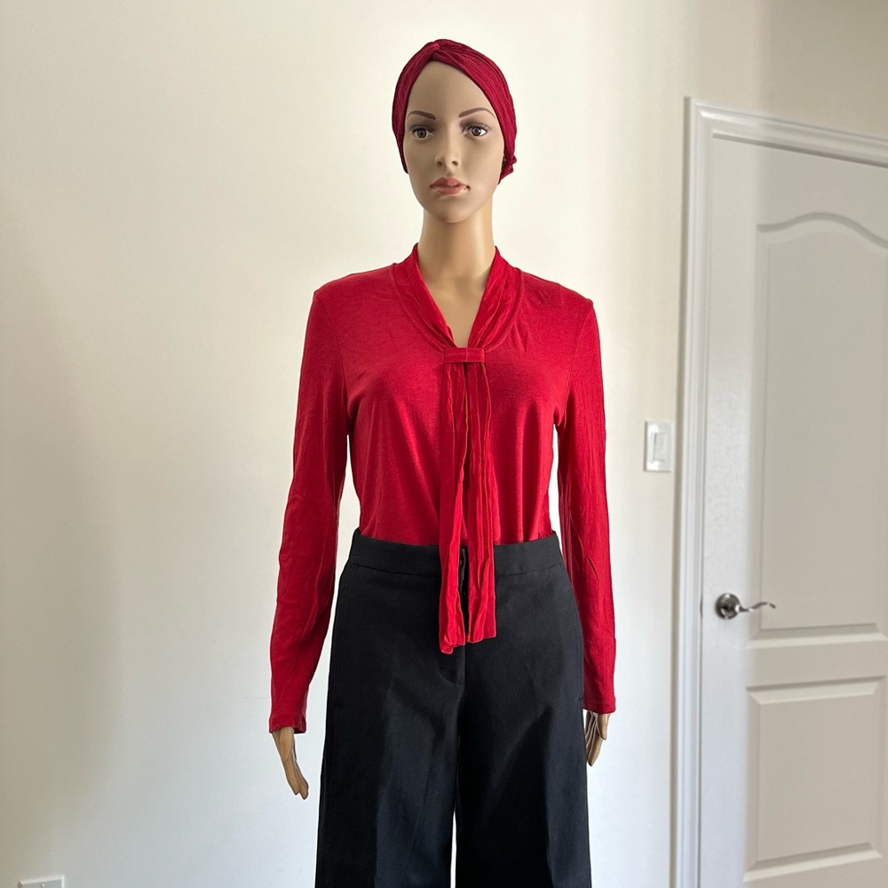 Massimo Dutti Unique Red Tie Neck Long Sleeves Casual Office Work Shirts Top